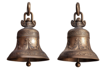 Two decorative bells isolated with intricate designs on a transparent background, perfect for various design projects and festive themes