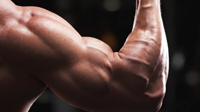Muscular arm flexing showcasing strength in gym environment  