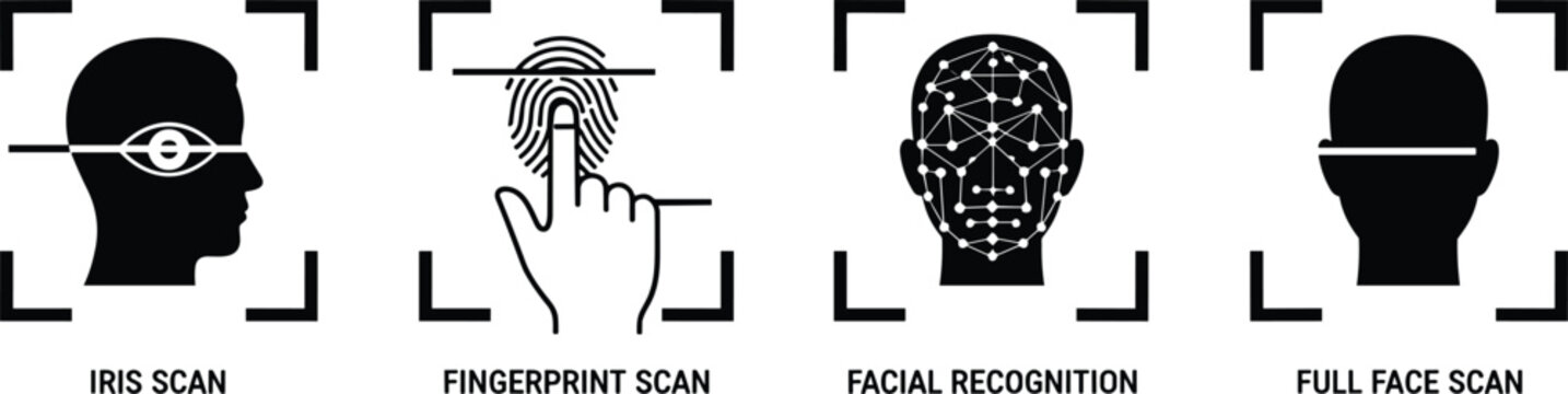 Biometric identification icon set featuring iris scan fingerprint facial recognition and full face scan for digital security access vector.