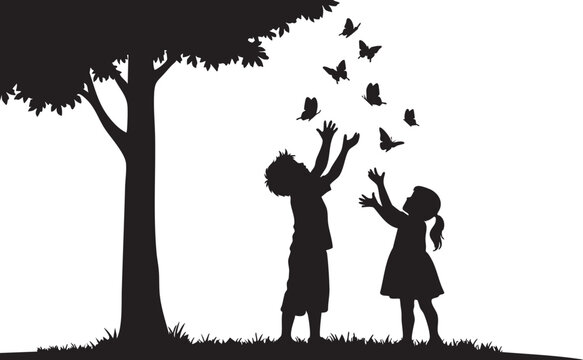 Two children reaching up to butterflies under a tree silhouette girl 1