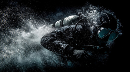 A man in a black wet suit is diving underwater