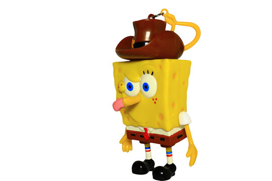 Russia, St. Petersburg, August 8, 2020 SpongeBob wearing a hat, a popular cartoon character