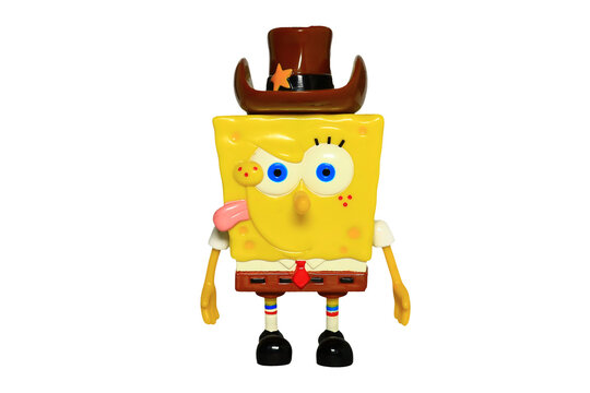 Russia, St. Petersburg, August 8, 2020 SpongeBob SquarePants wearing a cowboy hat, a unique and playful combination