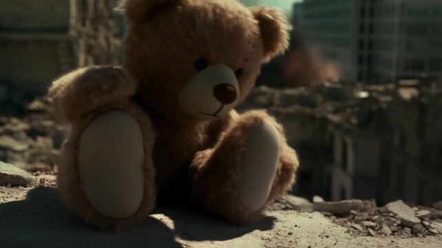 A teddy bear sits alone amidst the ruins of a destroyed cityscape, symbolizing loss and abandonment in a post-disaster travel scenario 