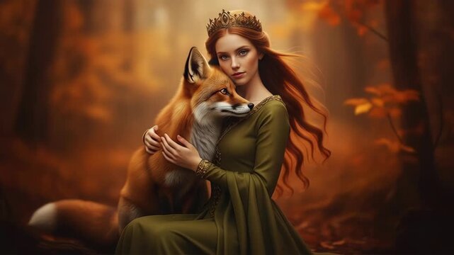 Woman in green dress with crown embracing fox in autumnal forest setting, fairy tale imagery