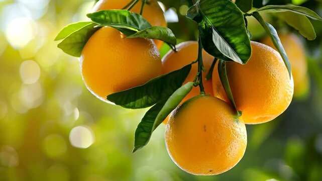 Ripe oranges hanging on leafy citrus tree branch in sunlight.