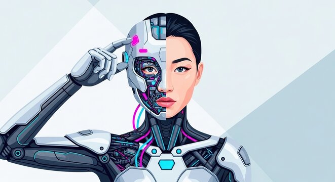 Humanoid cyborg portrait half human and half robotic illustration technological concept