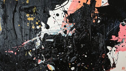 Abstract black and pink paint splashes with yellow accents on a canvas.