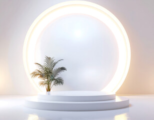 A minimalist 3D rendering of a floating white circular podium