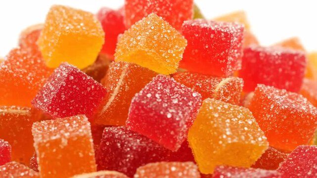 Colorful Sugar Coated Fruit Jellies - A close-up shot displays a vibrant pile of fruit jellies. The sugary coating glitters on the red and orange cube-shaped sweets, creating an appealing texture.