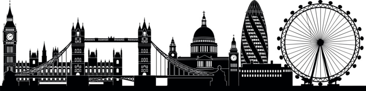 London City Skyline Silhouette Vector Illustration Featuring Big Ben Tower Bridge Saint Pauls Cathedral The Gherkin and the London Eye