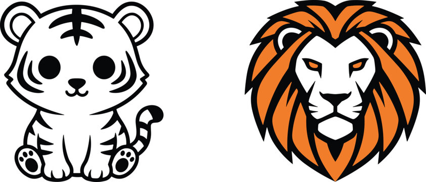 Cute white tiger cub and powerful lion head mascot set for diverse wildlife branding and sports team logos.