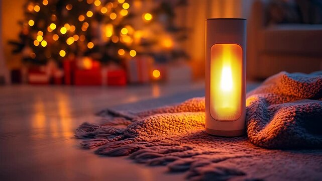 Home interior with a glowing lantern and fuzzy blanket on a wooden floor, Christmas tree with lights and presents in background