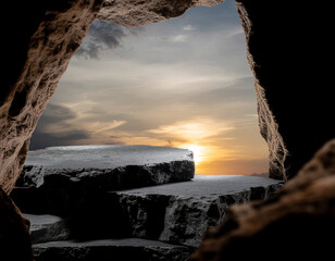 A cinematic product showcase featuring two rugged, dark gray textured stone podiums