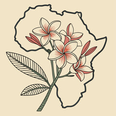 Illustration of frangipani flowers within an african continent outline