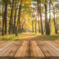 A professional product photography background featuring a clean wooden plank floor in an autumn forest park with sun light bokeh and trees under a clear sky