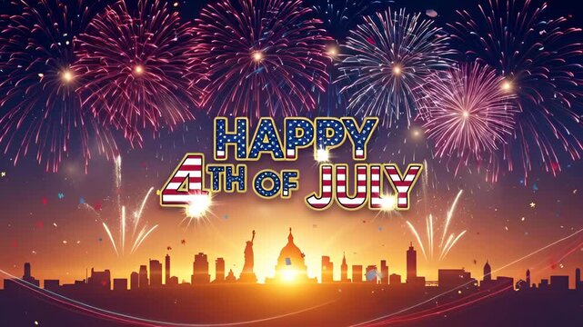 Independence Day celebration with fireworks over city skyline featuring Statue of Liberty and Capitol Building for patriotic greeting card.