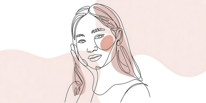  Asian young woman touching cheek. Continuous one line drawing.