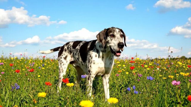 Great Dane in Flower Meadow - A Great Dane with black and white spots stands in a vibrant flower meadow under a bright blue sky.