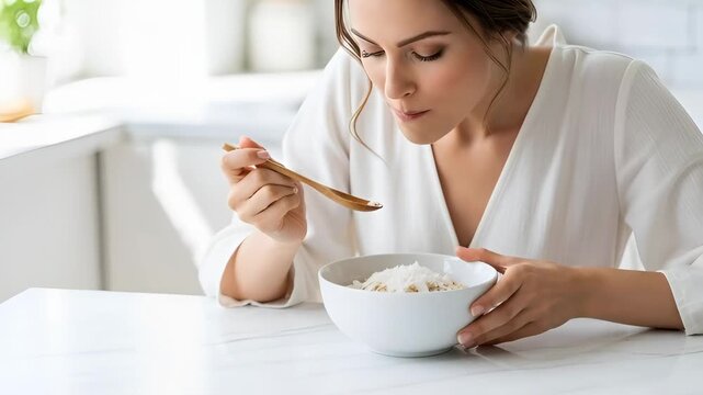 A woman eats oatmeal with coconut flakes from a bowl with a spoon. A healthy breakfast concept for maintaining a healthy diet and well-being.