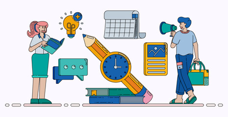 People Scheduling Study Time and Planning Education Activities with Clock Calendar and Books for Learning Management and Knowledge Growth. Design can be used for banner, website, poster, landing page