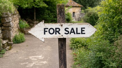 Traditional countryside for sale sign guiding toward mossy themed garden village