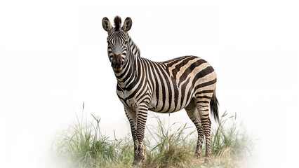 Fototapeta premium Zebra standing in grass with distinctive black and white stripes. Wildlife and nature concept. Animal photography.