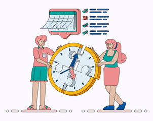 Arranging Time Management Puzzle with Clock and Calendar Through Teamwork Collaboration and Leadership for Organized Work Planning. Design can be used for banner, website, poster, landing page, ads