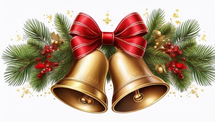 Festive Golden Christmas Bells Adorned With A Vibrant Red Bow And Evergreen Sprigs Isolated On Transparent Background