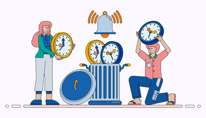 Time Wasting Awareness Concept with Trash Can and Notification Clock for Better Scheduling Sorting and Daily Agenda Management. Design can be used for banner, website, poster, landing page, ads