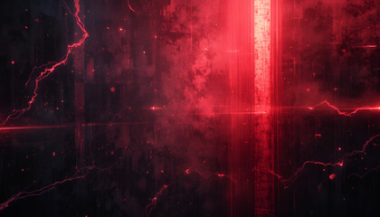 Dark ominous red neon glowing abstract background with cracks
