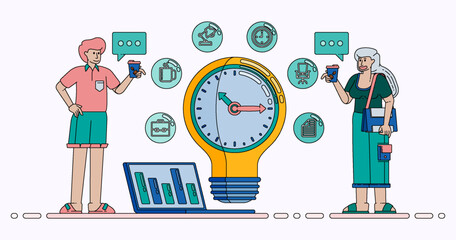 Ideas and Time Management Concept Using Light Bulb Icons to Support Work Efficiency Productivity and Smarter Job Organization. Design can be used for banner, website, poster, landing page, ads