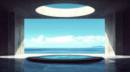 Fototapeta premium Serene Modern Architectural Space with Circular Skylight and Ocean View