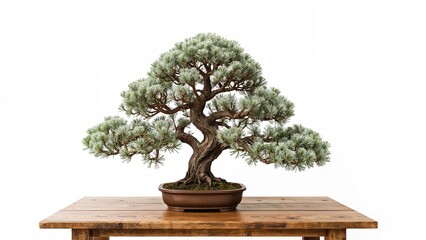 A bonsai tree in a pot on a wooden table.