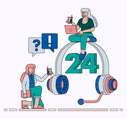 24 Hour Customer Service Concept for Continuous Support Questions Feedback Surveys and Service Improvement Solutions. Design can be used for banner, website, poster, landing page, social media, ads