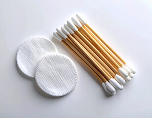 Hygiene cotton products. White cotton swabs and reusable cotton pads neatly stacked on a white background.