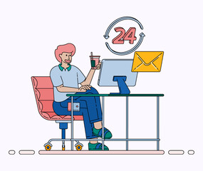 24 Hour Support Service Concept for Email Complaints Questions and Software Assistance with Continuous Job Support. Design can be used for banner, website, poster, landing page, social media, ads