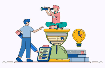 Time Management for Education and Learning Concept with Hourglass Books Ideas and Study Planning System. Design can be used for banner, website, poster, landing page, social media, ads