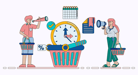 Efficient Time Management for Shopping and Ecommerce with Clock Shopping Cart Calendar and Purchase Planning. Design can be used for banner, website, poster, landing page, social media, ads
