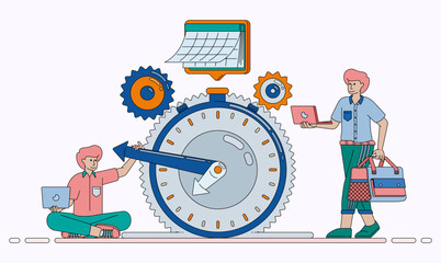 Time Management Setting Mechanism Concept with Clock Gears Calendar and Scheduling System for Daily Jobs. Design can be used for banner, website, poster, landing page, social media, ads