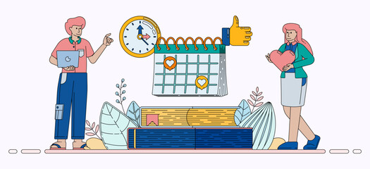 Scheduling and Appointment Management for Education with Calendar Notes Stacked Books and Learning Organization. Design can be used for banner, website, poster, landing page, social media, ads