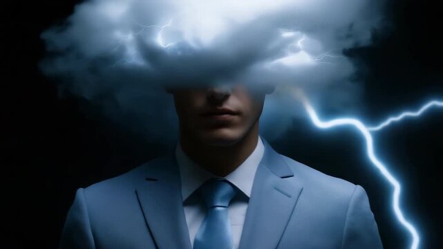 Conceptual portrait of man with thunderous cloud over head
