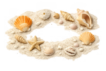 Seashells and sand creating a frame with copy space, ideal for summer concepts and beach themes, transparent background