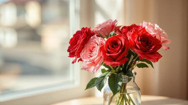 Beautiful bouquet of red and pink roses in a glass vase sitting on a windowsill in the sunlight