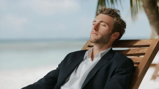 Relaxed caucasian male adult in a suit enjoying beachside serenity under palm trees