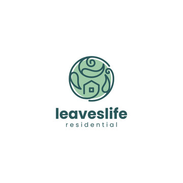 a house covered in leaves and with a lineart logo style for eco-friendly housing, lodging, villas and hotels logos