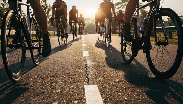 Dynamic low angle perspective of a peloton of cyclists on an asphalt road at sunset, capturing the energy and teamwork of group cycling during a golden hour ride