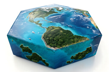 A 3d earth globe illustration of the world features blue oceans and green continents Octagon Shaped.