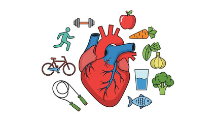 Healthy lifestyle choices for a strong heart with exercise and nutritious food with heart health