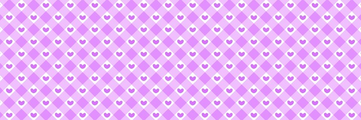 Valentine purple gingham pattern with small hearts. Cute pastel checkered background for greeting cards, scrapbooking, textiles, and romantic digital aesthetic wallpapers.